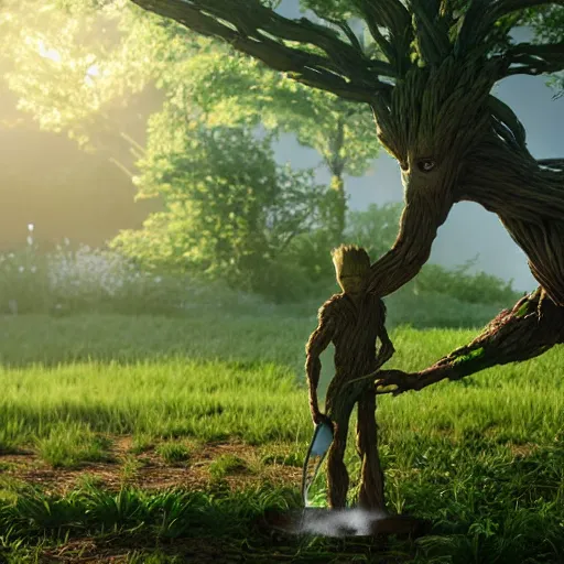 Prompt: photorealistic shot of Groot watering The earth with a watering can, octane render, unreal engine 4k, volumetric light, fog, detailed,