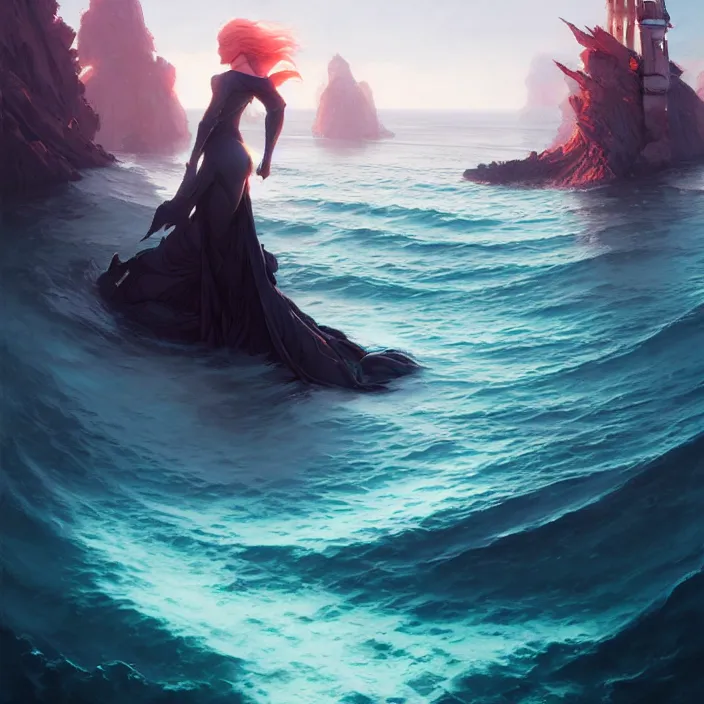 Image similar to style artgerm, joshua middleton, jeremy lipking, a giant underwater castle made of coral, very long spires, water swirling, detailed, ocean background setting, volumetric lighting