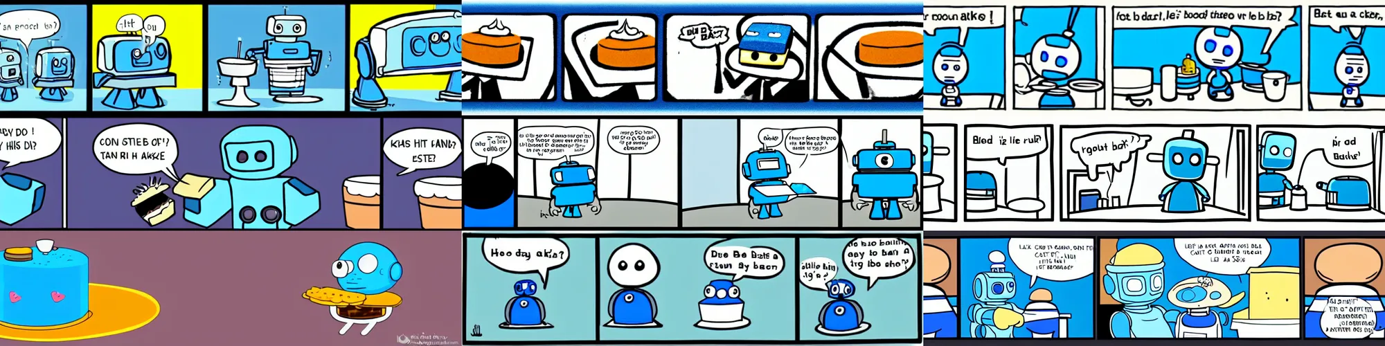 Prompt: short cartoon strip, blue cute robot bakes a cake but cannot eat it