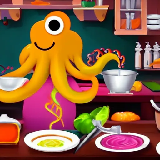 Image similar to anthropomorphic octopus chef cooking a delicious colorful soup, digital painting, youtube video thumbnail