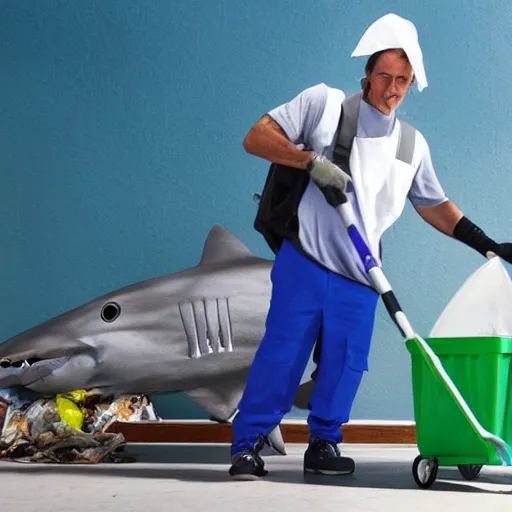 Prompt: Shark as a Janitor throwing out the trash and sweeping, painting