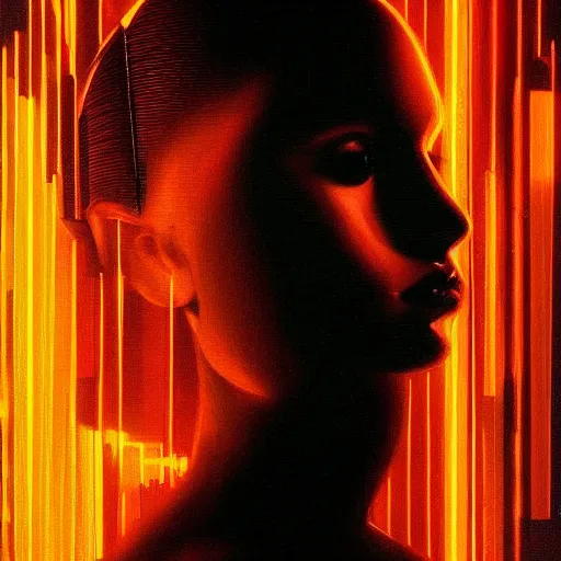 Image similar to a translucent orange, pitch black room, extremely detailed masterpiece, oil on canvas, low-key neon lighting, artstation, hyper-realism, Blade Runner 2049, Roger Deakin’s cinematography, by J. C. Leyendecker and Peter Paul Rubens and Dennis Wojtkiewicz,