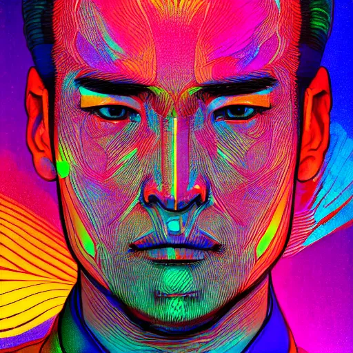 Image similar to the head of a handsome korean man partially made of rainbows, an ultrafine detailed illustration by james jean, final fantasy, intricate linework, bright colors, behance contest winner, vanitas, angular, altermodern, unreal engine 5 highly rendered, global illumination, radiant light, detailed and intricate environment