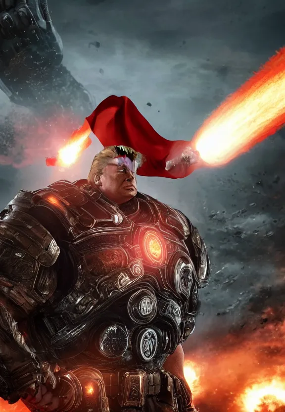 Image similar to Portrait of Donald Trump as superman in Gears of War, splash art, movie still, cinematic lighting, dramatic, octane render, long lens, shallow depth of field, bokeh, anamorphic lens flare, 8k, hyper detailed, 35mm film grain