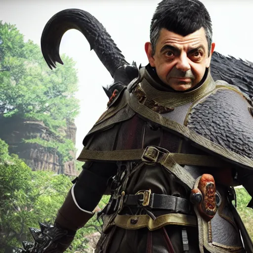 Prompt: rowan atkinson as the main character in monster hunter world, 3 d render, unreal engine, octane render, ray tracing, unity, highly detailed, high quality, hd, 4 k, 8 k, realistic, sharp, trending