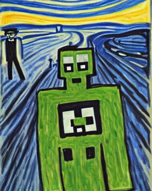 Image similar to minecraft creeper as the subject in the scream by edvard munch