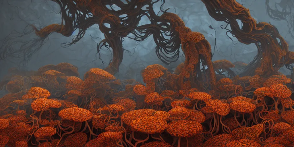 Image similar to Photorealistic symmetrical intricate detailed picture of a levitating floating fungus spirit with arms outstretched, made from colourful fungus tendrils. a gentle rising mist, an epic rocky landscape. occult photorealism, UHD, amazing depth, glowing, golden ratio, 3D octane cycle unreal engine 5, volumetric lighting, cinematic lighting, cgstation artstation concept art