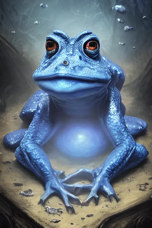 Prompt: a fancy portrait of a horrific giant blue frog by Greg Rutkowski, Sung Choi, Mitchell Mohrhauser, Maciej Kuciara, Johnson Ting, Maxim Verehin, Peter Konig, Bloodborne , 8k photorealistic, cinematic lighting, HD, high details, atmospheric , trending on artstation