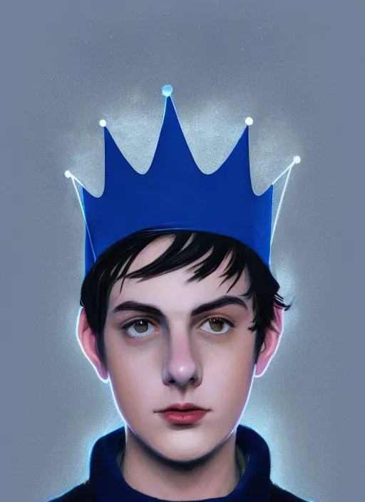 Image similar to portrait of teenage jughead jones wearing a light grey crown, crown, blue turtleneck, 1 9 5 0 s, closed eyes, photorealistic, black hair, glowing lighting, intricate, elegant, glowing lights, highly detailed, digital painting, artstation, concept art, smooth, sharp focus, illustration, art by wlop, mars ravelo and greg rutkowski