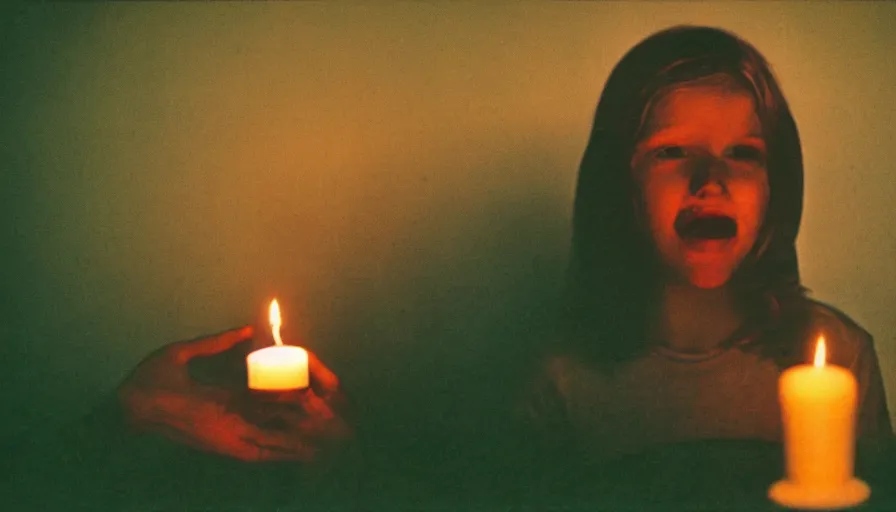 Prompt: 7 0 s film still from a horror movie about a teenager and a candle, kodachrome, cinecolor, cinestill, film grain, film texture, retro, cinematic, high resolution, photorealism,