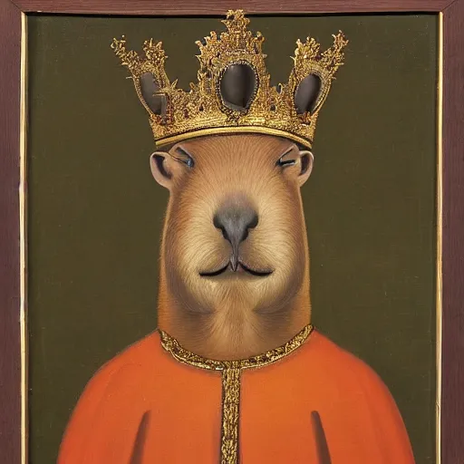 Prompt: “An oil painting portrait of a capybara wearing medieval royal robes and an ornate crown on a dark background”