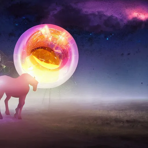 Prompt: Magical glowing sphere in midair, with a unicorn inside it. A white celestial unicorn is trapped inside the sphere. A burnt landscape is in the background. The sphere is held up by sinister rusting steel pincers that reach from the ground, and has a unicorn inside it. Digital art, trending on artstation