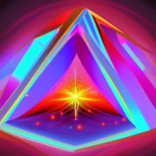 Prompt: portal to another universe contained within a tetrahedron, vivid colors, volumetric lighting, digital painting, iridescent, light prism, award-winning