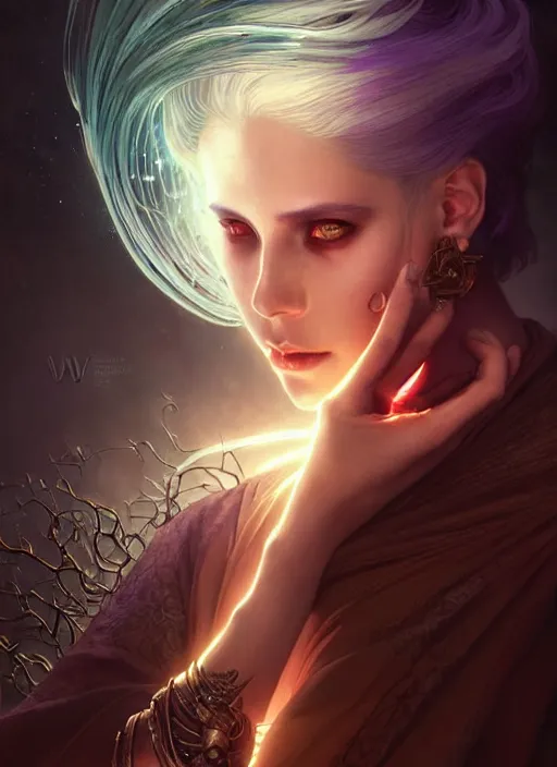 Image similar to a beautiful cinematic female Necromancer Sorceress, galatic shamen with Quantum energy fantasy, fantasy magic, undercut hairstyle, dark light night, intricate, elegant, sharp focus, illustration, highly detailed, digital painting, concept art, matte, art by WLOP and Artgerm and Greg Rutkowski and Alphonse Mucha, masterpiece