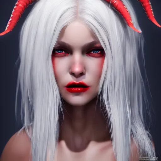 Image similar to a highly detailed portrait of a humanoid demon girl with white hair, red horns, in white clothes, artstation, deviantart, professional, unreal engine 5, photorealistic