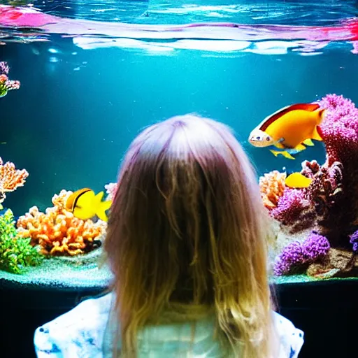 Image similar to girl head in a aquarium, lights caustic, tropical fish, surreal photography