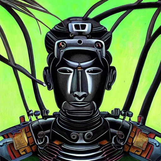 Image similar to robot samurai portrait ( head and bust ), in a jungle jeszika le vye heraldo ortega 8 k