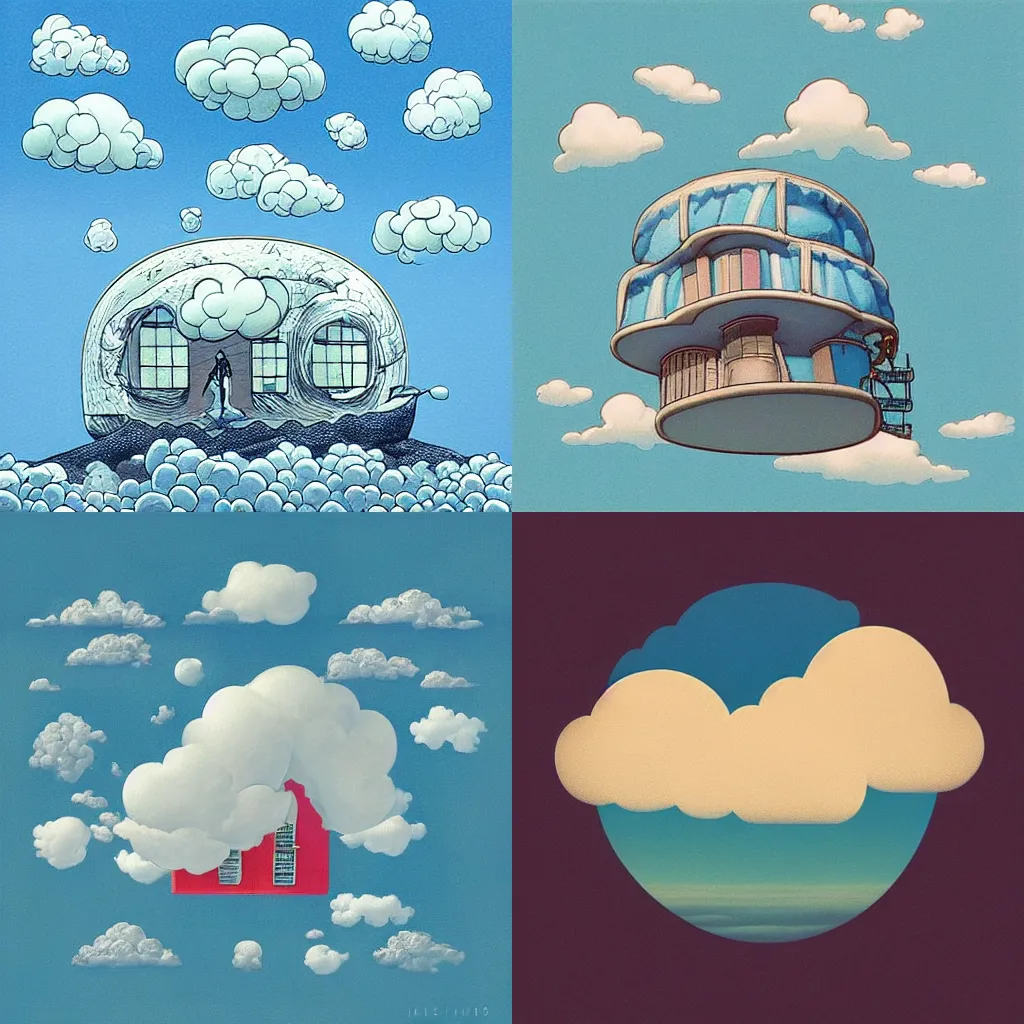 Prompt: “puffy cloudscape, floating house, album art in the style of James Jean”