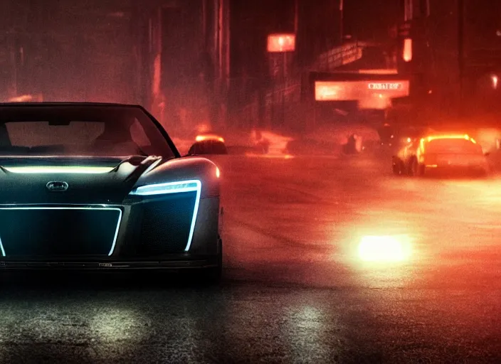 Prompt: Bladerunner 2049 scene front view sports car in small garage dark atmospheric volumetric lighting grungy moody dark cinematic Roger Deakins Cinematography futuristic cyberpunk car GTR NSX Audi R8 S14 Evo X Z06 ikuo maeda Newton Thomas Sigel bladerunner 2049 screen cap still