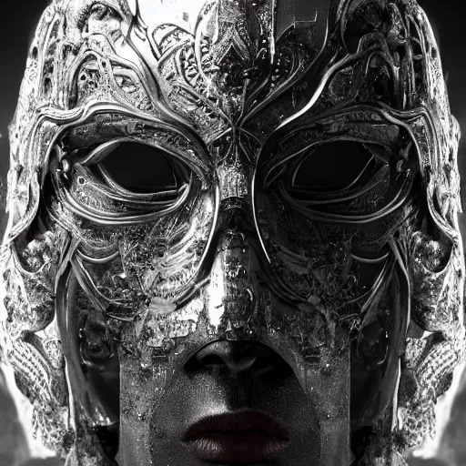 Prompt: Very very very very highly detailed epic central composition studio photography of face with venetian mask, intricate, dystopian, sci-fi, extremely detailed, digital painting, artstation, concept art, smooth, sharp focus, illustration, intimidating lighting, incredible art by Tokujin Yoshioka and Anton Pieck