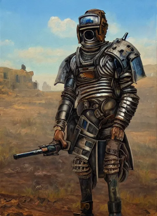 Image similar to a detailed painting of a man in post apocalyptic home made armour and a helmet holding a modified shotgun walking around a wasteland with a blue sky. hd. 1 9 5 0 s oil painting style.