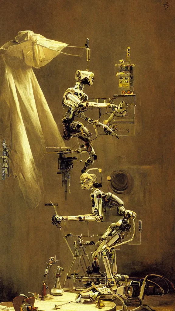 Image similar to robot artist painting a canvas, the painting is of a robot. intricate, highly detailed, photorealistic, film still, by carl spitzweg.