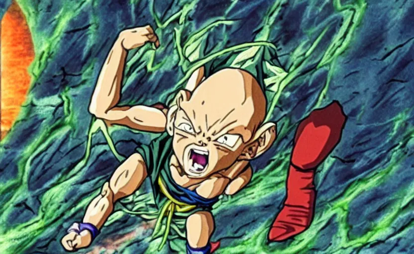 Image similar to a still of gollum in dragon ball z,