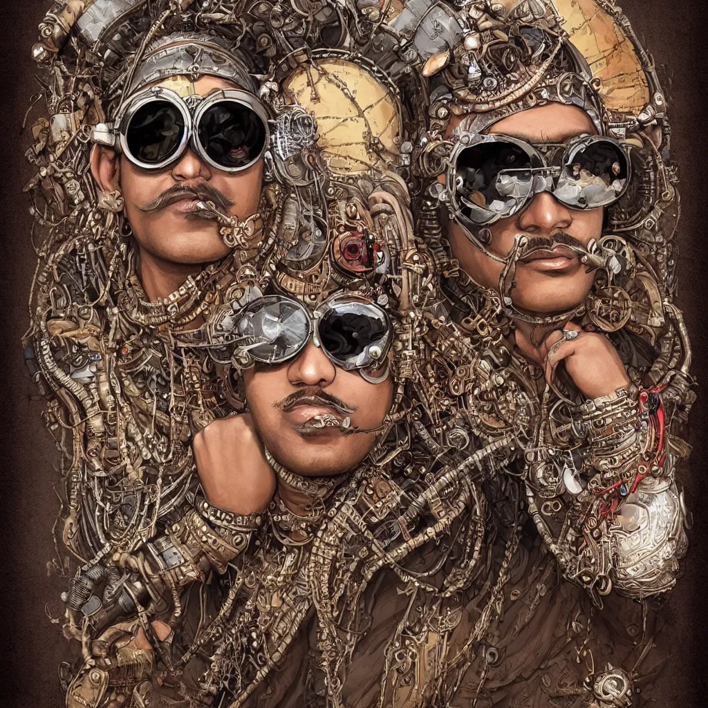 Image similar to face portrait of an indian man with long kawai moustache rajasthani headgear wearing madmax style steampunk goggles and steampunk jewelry, art by peter mohrbacher and craig mullins, sticker, colorful, illustration, highly detailed, simple, smooth and clean vector curves, no jagged lines, vector art, smooth