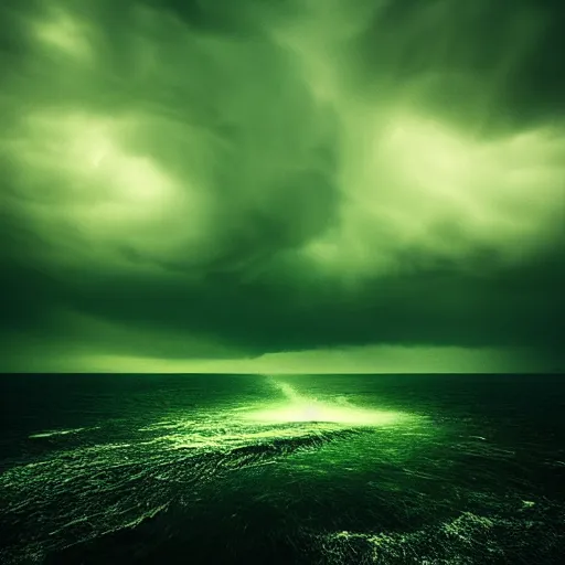 Prompt: in the style of Mikko Lagerstedt, Chtulhu green eyes, Lovecraftian, ocean, night, storm, lighting