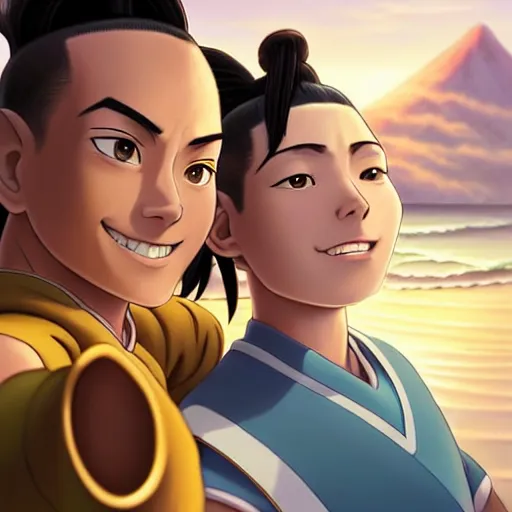 Image similar to beautiful serene intricate portrait of sokka and toph from avatar the last airbender taking a selfie, smiling softly, relaxing on the beach, golden hour, soft focus, 8 k, art by irakli nadar, hyperrealism, hyperdetailed, ultra realistic