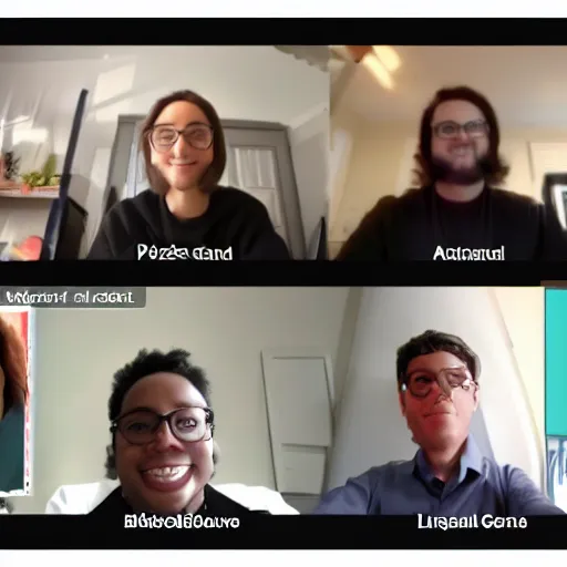 Prompt: four nerds in a Zoom meeting together, screenshot, technology