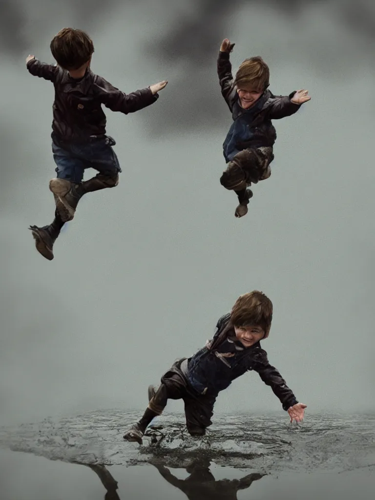 Prompt: jumping in puddles, by disney concept artists, blunt borders, rule of thirds, beautiful light