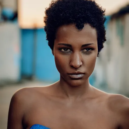 Prompt: portrait face of a beautiful gorgeous black edgy model girl with short hair, bikini, big leaps, blue eyes, she's sad, sunset, street of africa, 8 0 mm lens, 1. 2 aperture, grainy image, close up, cinematic light, 8 k, 4 k, very detailed, depressing atmosphere, cover magazine