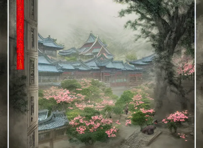 Image similar to view through window, magnificent city in ancient china in late spring, flowers will fade, some fog, realistic style, high details, scene concept., trending on artstation