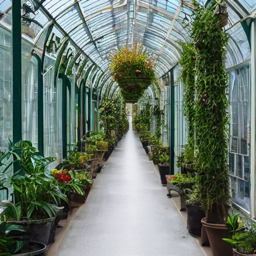 Prompt: victorian greenhouse corridor decorated with potted plants, hyper realism