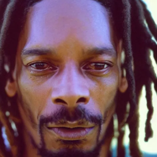 Image similar to cinematic film still of Snoop Dogg starring in a Steven Spielberg film as Bob Marley, candid photo, 1999, Jamaica, shallow depth of field, close up photograph, epic lighting