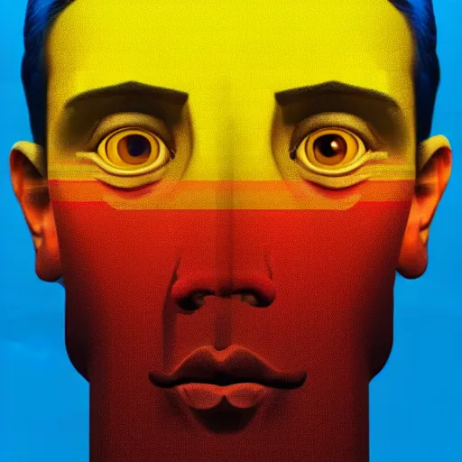 Image similar to ultra realistic portrait ofa man in suit in a studio, ultra detailed, under blue, red and yellow cinematic lighting, escher, cartoon, monument valley, salvador dali