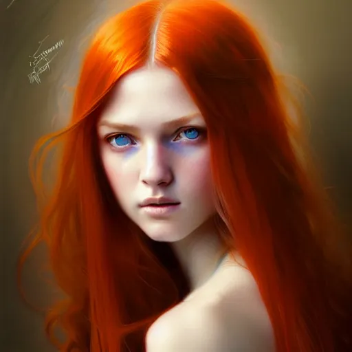 Image similar to portrait of teenage girl with long glossy red hair, blue eyes, glowing skin, fashion model features, fantasy, intricate, elegant, dress shirt and tie, highly detailed, digital painting, artstation, concept art, smooth, sharp focus, illustration, art by Krenz Cushart and Artem Demura and alphonse mucha