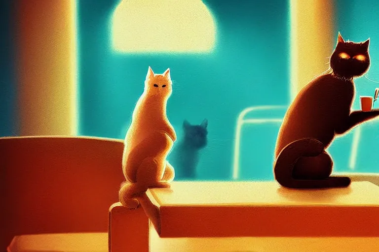 Image similar to a digital art of close up of a cat sits on a chair in a bar, animal, cute, light effect, highly detailed, by anton fadeev