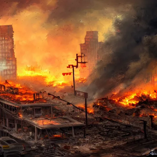 Prompt: a scene of utter destruction, with fires burning and buildings collapsing. painting, digital art, harsh lighting, 4 k hd wallpaper, trending on art station