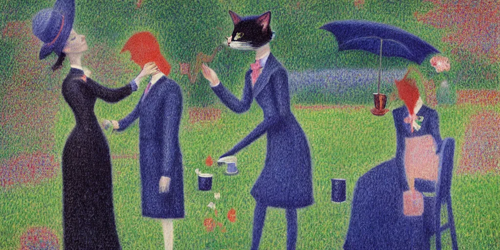 Prompt: anthropomorphic black cat in a suit serving tea to a lady in a beautiful blue dress on a boat, garden, flowers, lake, pastel colors, anthropomorphic cat, sunny, sharp focus, highly detailed, pointillist style, art by Georges Seurat, painting, masterpiece