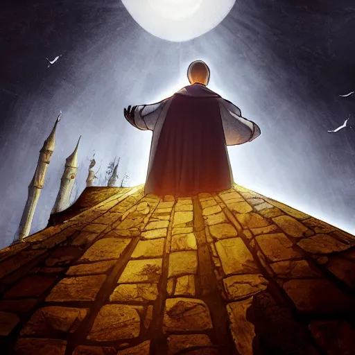 Image similar to A terrified catholic priest in his twenties kneeled in fervent prayer at the summit of a medieval tower. Looking up with eyes wide open with fear, looking straight at the viewer. Dressed in white. An ominous yellow shadow is descending upon him from the night sky. Award-winning digital art, trending on ArtStation