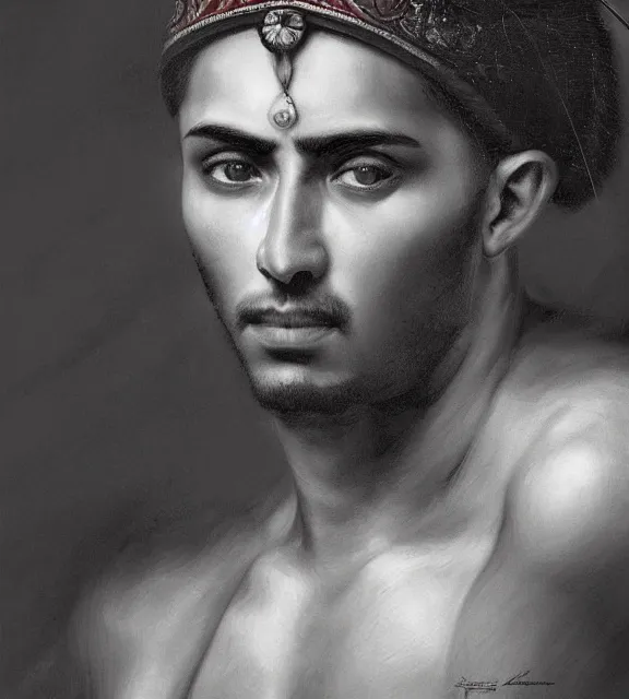 Prompt: portrait of a handsome young turkish warrior, art by denys tsiperko and bogdan rezunenko and franz xaver kosler, hyperrealism
