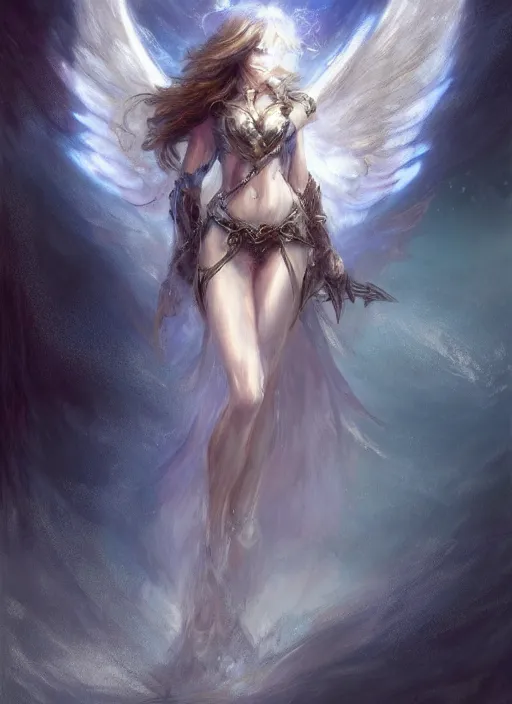 Image similar to concept art, angel knight girl. by artstation trending, by joseph mallord william turner, luis royo, konstantin razumov, cinematic lighting, fractal flame, highly detailed