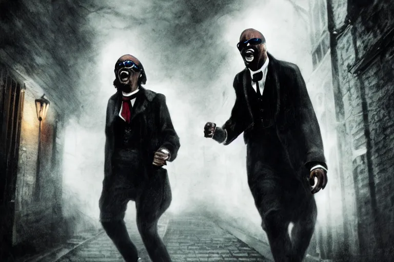 Prompt: stevie wonder as jack the ripper, chasing a blonde haired woman in a dimly lit alley way, surrounded by ghosts, dark, horror, british, hyper realistic, 8 k, ethereal details, high resolution, cinematic lighting