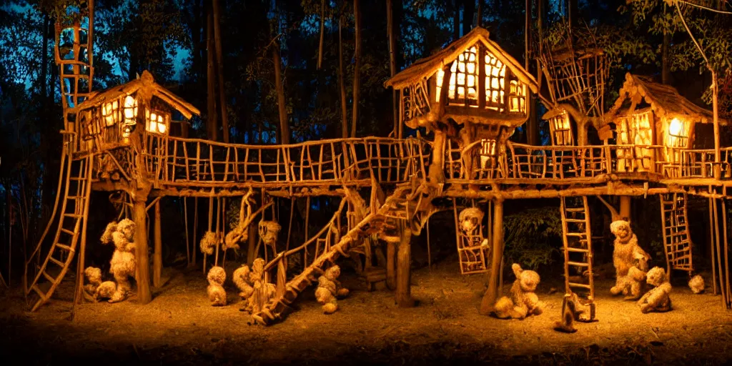 Image similar to intricate treehouse village, fuzzy warrior bears in handmade clothes, bones of the enemy in background, warm torchlight glow, wooden pathways with handrails,