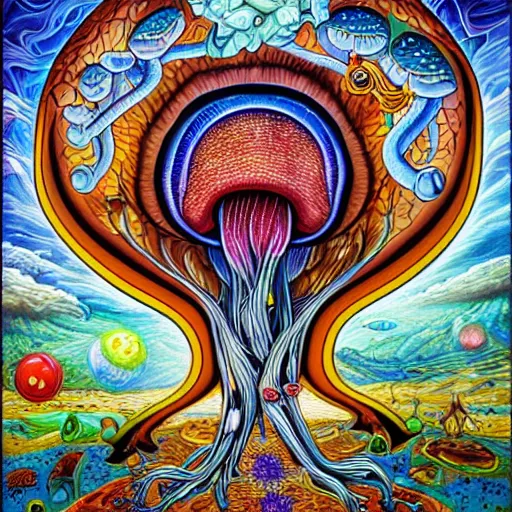 Image similar to mushroom of life painting by aaron brooks, chris dyer, android jones, and alex grey, highly detailed, high quality, high definition, 8k photo