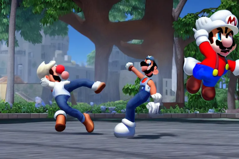 Prompt: a bald black teenager in a white tanktop and blue jeans fighting mario in super smash bros, game screenshot, 4k,