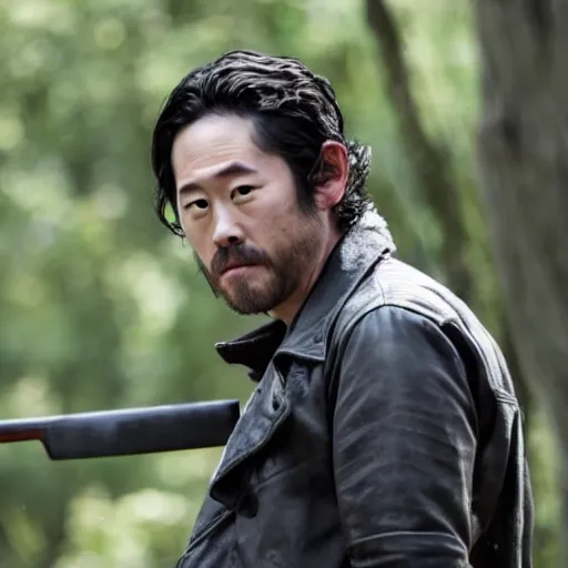 Image similar to Steven Yeun playing Negan Smith from the walking dead (Season 7 episode 1) ,8k,