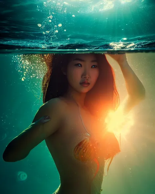 Prompt: portrait of beautiful asian woman underwater during sunrise, sunrays, aquaman aesthetic, caustics, rippling water, photoshoot, long flowing hair, haunting!, iconic, fine-art, masterpiece, cinematic, trending on artstation